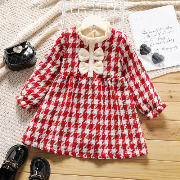 Toddler Girl Frill Collar Bowknot Design Long-sleeve Plaid Tweed Dress