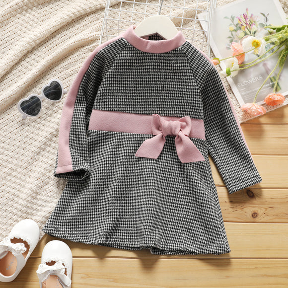 Toddler Girl Bowknot Design Plaid Long-sleeve Dress