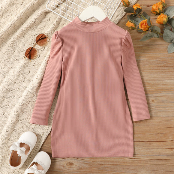 Toddler Girl Solid Ribbed Long-sleeve Pink Dress