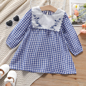 Toddler Girl Leaf Embroidered Plaid Long-sleeve Dress