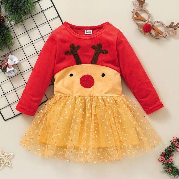 Toddler Girl Christmas Deer Pattern Polka dots Mesh Design Fuzzy Dress