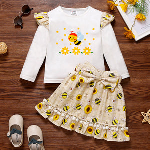 2-piece Toddler Girl Bee Floral Print Long-sleeve Tee and Bowknot Pompom Design Skirt Set