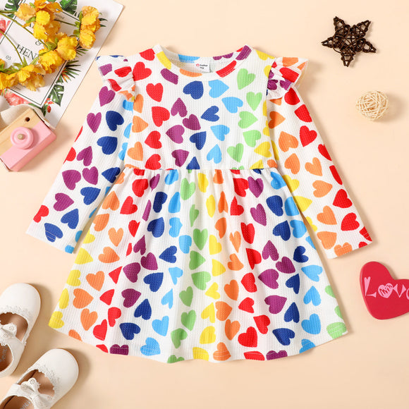 Toddler Girl Heart Print Ruffled Long sleeve Dress