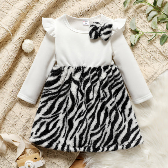 Toddler Girl Bowknot Design Ruffled Striped Fuzzy Long-sleeve Dress