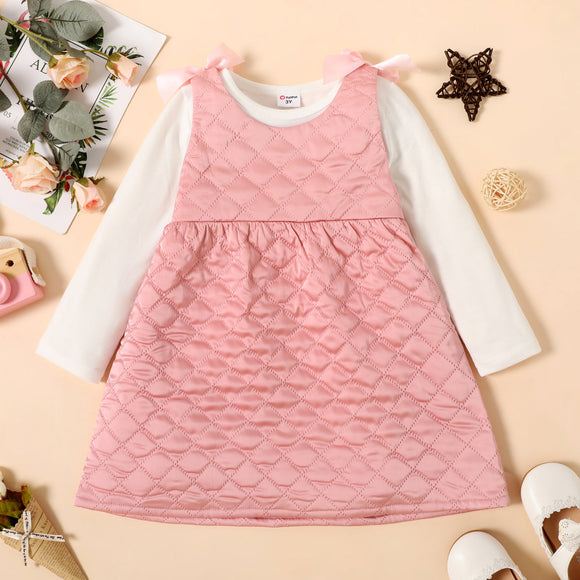 2-piece Toddler Girl Long-sleeve White Top and Bowknot Design Textured Pink Overall Dress Set