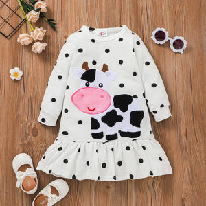 Toddler Girl Polka dots Cows Embroidered Ruffle Hem Long sleeve Dress