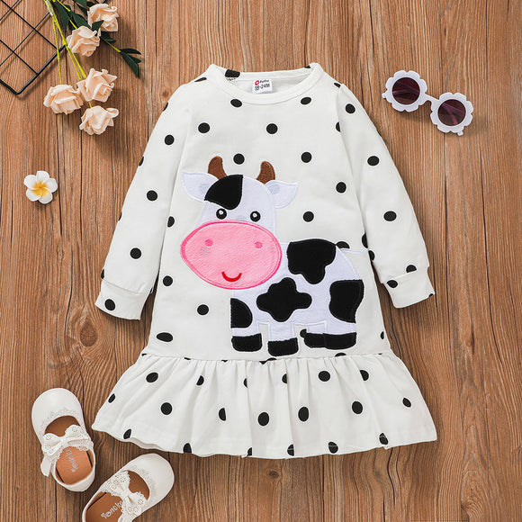 Toddler Girl Polka dots Cows Embroidered Ruffle Hem Long sleeve Dress