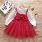 2-piece Toddler Girl Mock Neck Mesh Long-sleeve White Top and Bowknot Design Overall Dress Set