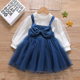 2-piece Toddler Girl Mock Neck Mesh Long-sleeve White Top and Bowknot Design Overall Dress Set