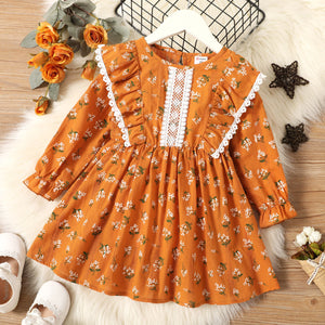 Toddler Girl 100% Cotton Ruffled Lace Design Floral Print Long-sleeve Dress