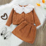 2 piece Toddler Girl Schiffy Design Collar Flounce Button Design Top and Solid Skirt Set