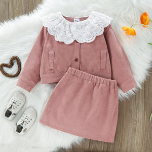 2 piece Toddler Girl Schiffy Design Collar Flounce Button Design Top and Solid Skirt Set