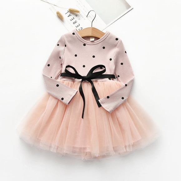 Toddler Girl Polka dots Belted Mesh Splice Long sleeve Dress