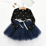 Toddler Girl Polka dots Belted Mesh Splice Long sleeve Dress