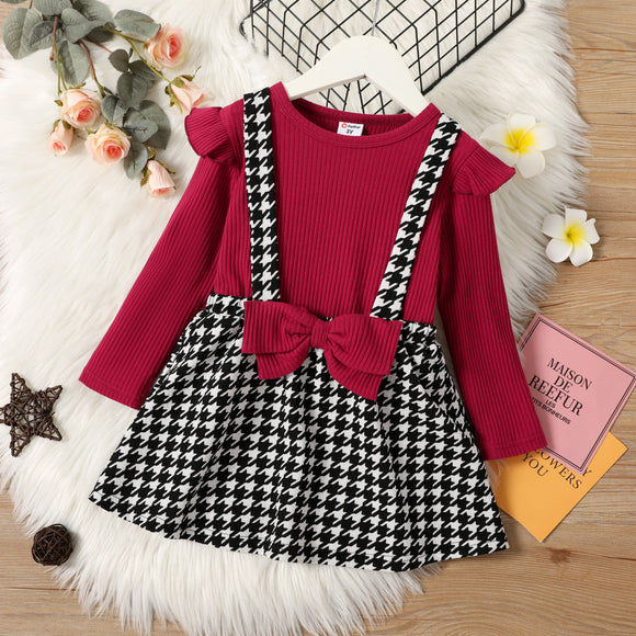 2-piece Toddler Girl Ruffled Ribbed Long-sleeve Top and Houndstooth Suspender Skirt Set