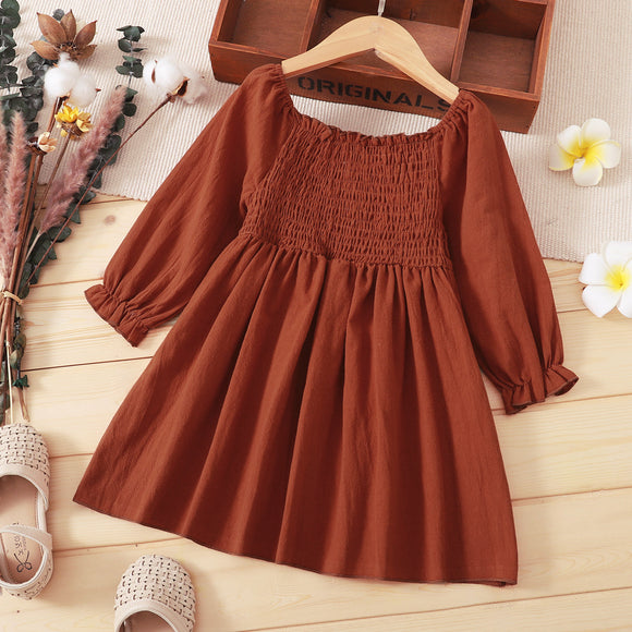 Toddler Girl Off Shoulder Smocked Floral PrintSolid Color Long-sleeve Dress