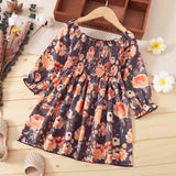 Toddler Girl Off Shoulder Smocked Floral PrintSolid Color Long-sleeve Dress