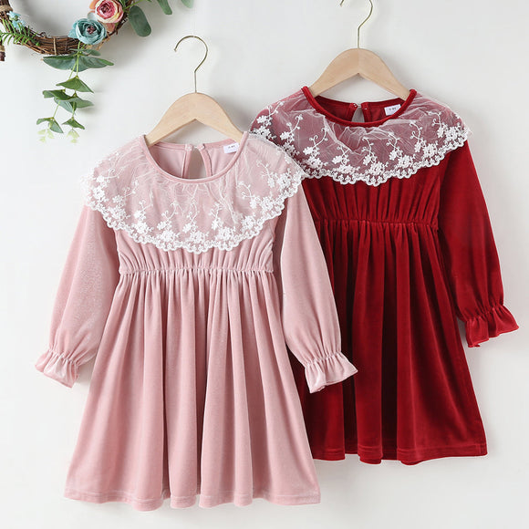 Toddler Girl Lace Design Long sleeve Velvet Dress