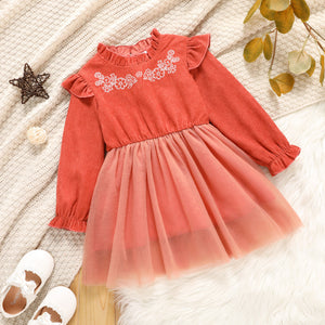 Toddler Girl Ruffle Collar Floral Embroidered Mesh Design Splice Long-sleeve Dress