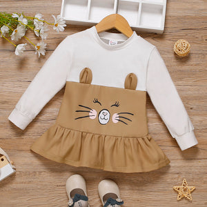 Toddler Girl Cat Print Ear Design Ruffle Hem Long-sleeve Splice Dress