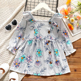 Toddler Girl Ruffled Floral PrintSolid Color Square Neck Long-sleeve Dress