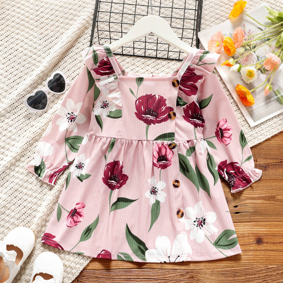 Toddler Girl Ruffled Floral PrintSolid Color Square Neck Long-sleeve Dress