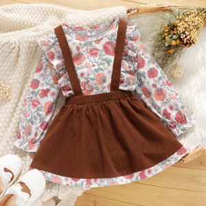 2-piece Toddler Girl Ruffled Floral Print Long-sleeve Top and Suspender Skirt Set