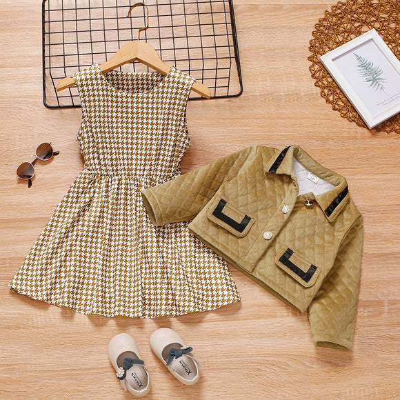 2-piece Toddler Girl Houndstooth Sleeveless Dress and Lapel Collar Button Design Jacket Set