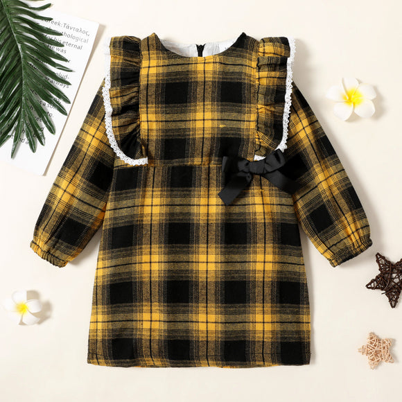 Toddler Girl 100% Cotton Bowknot Lace Design Ruffled Long-sleeve Plaid Dress