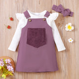 2-piece Toddler Girl Long-sleeve White Tee and Button Design Overall Dress Set