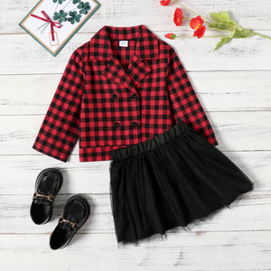 2-piece Toddler Girl Double Breasted Plaid Jacket and Mesh Black Skirt Set