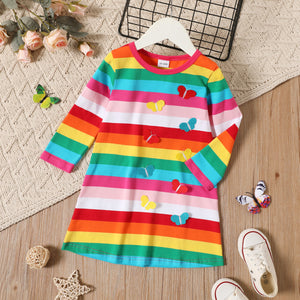 Toddler Girl Rainbow Stripe Butterfly Embroidered Long-sleeve Dress