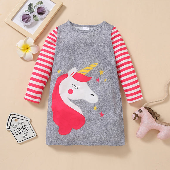 Toddler Girl Unicorn Print Striped Long-sleeve Dress