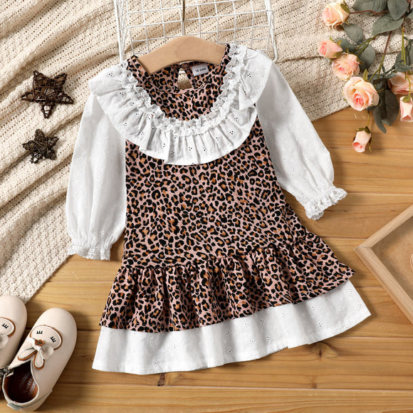 Toddler Girl Ruffled Leopard Print Splice Long sleeve Dress