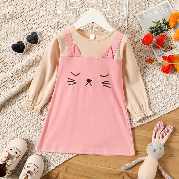 Toddler Girl Cat Print Ear Design Faux-two Long-sleeve Dress