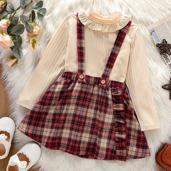 2 piece Toddler Girl Ruffled Mock Neck Long sleeve Top and Plaid Suspender Skirt Set