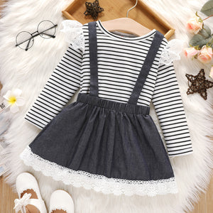 2-piece Toddler Girl Lace Design Stripe Long-sleeve Tee and Suspender Denim Skirt Set