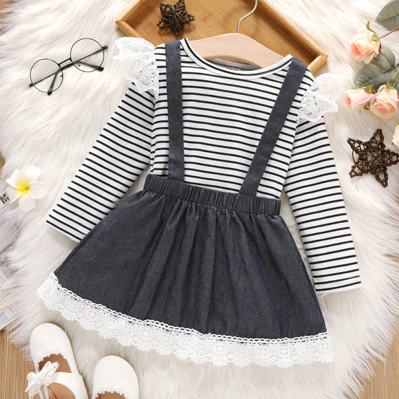 2-piece Toddler Girl Lace Design Stripe Long-sleeve Tee and Suspender Denim Skirt Set