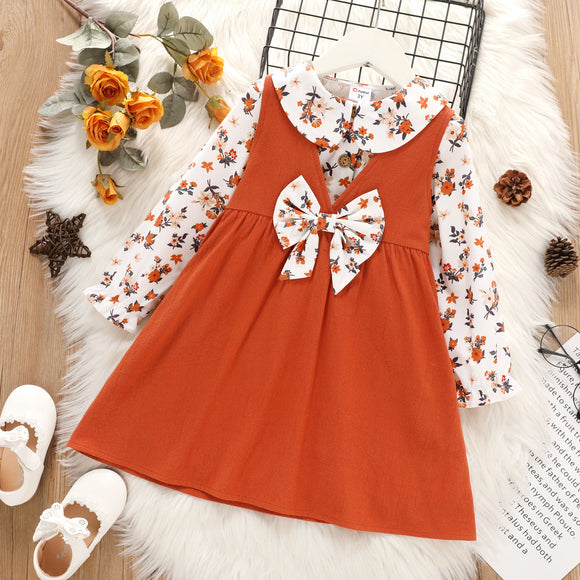 2-piece Toddler Girl Floral Print Doll Collar Button Design Long-sleeve Blouse and Bowknot Design Overall Dress Set