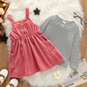 2-piece Toddler Girl Stripe Long-sleeve Tee and Button Design Pink Overall Dress Set