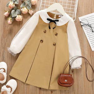 Toddler Girl Doll Collar Bowknot Design Mesh Long-sleeve Khaki Dress