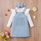 2-piece Toddler Girl Long-sleeve White Tee and Button Design Overall Dress Set