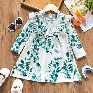 Toddler Girl Ruffled Leaf Print Long-sleeve Dress