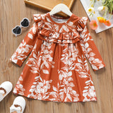 Toddler Girl Ruffled Leaf Print Long-sleeve Dress