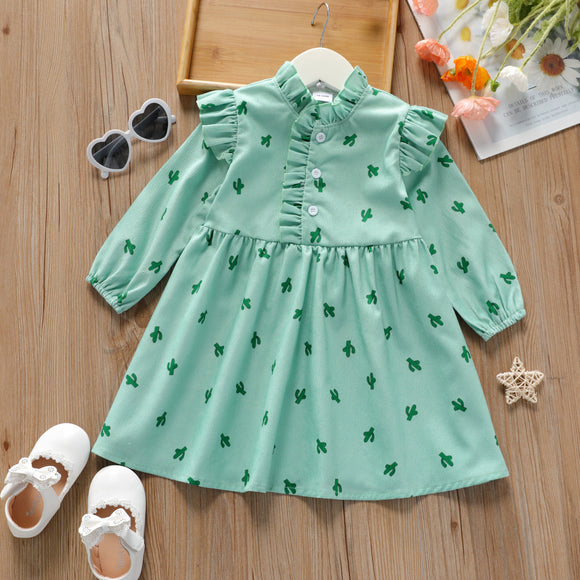 Toddler Girl Ruffle Collar Polka dotsCactus Print Button Design Long-sleeve Dress