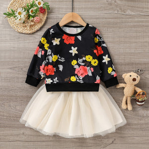 2-piece Toddler Girl Floral Print Pullover Sweatshirt and Mesh Skirt Set