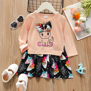 Toddler Girl Faux-two Unicorn Print Bowknot Design Long-sleeve Dress