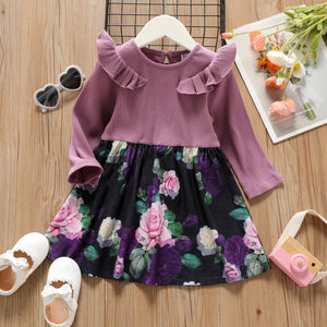 Toddler Girl Ruffled Ribbed Floral Print Splice Long-sleeve Dress