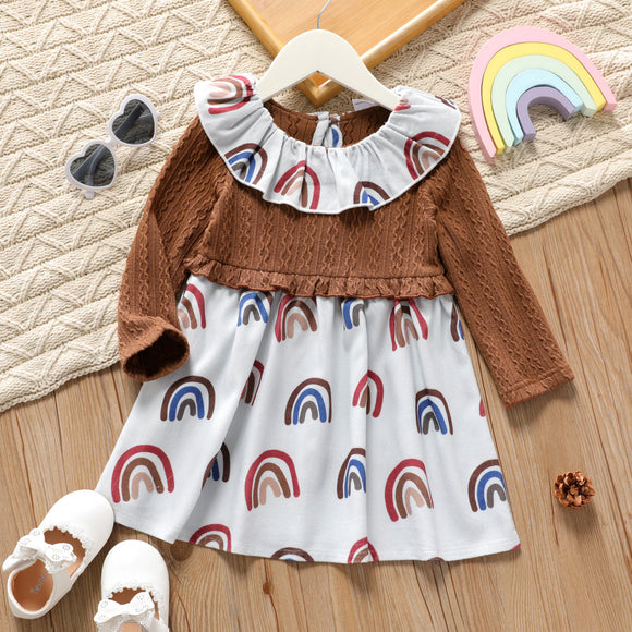 Toddler Girl Flounce Rainbow Print Ruffled Cable Knit Textured Long sleeve Splice Dress