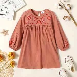 Toddler Girl 100% Cotton Floral Embroidered Long-sleeve Dress